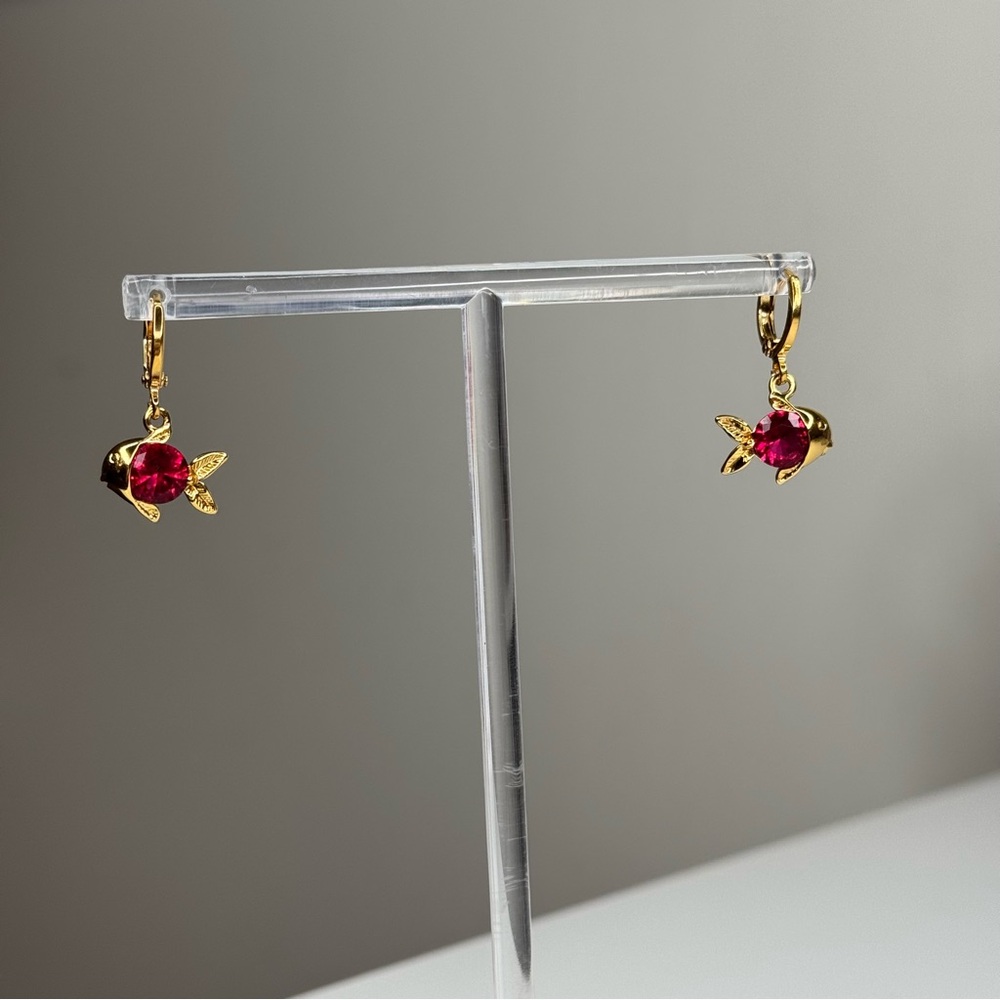 Gold Fish-Shaped Earrings with Red Gems